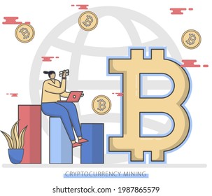 CRYPTOCURRENCY MINING - Women Extracting bitcoins. Virtual money theme. Buying and selling crypto coins. Flat vector illustration