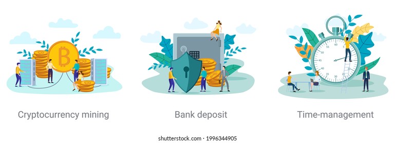 Cryptocurrency mining,bank deposit,time management.A set of vector illustrations on the topic of business.Abstract illustrations.