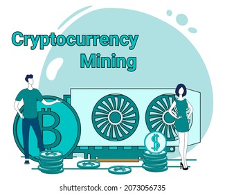 Cryptocurrency mining.People on the background of a video card and bitcoin coins are engaged in cryptocurrency mining.Flat vector illustration in green.