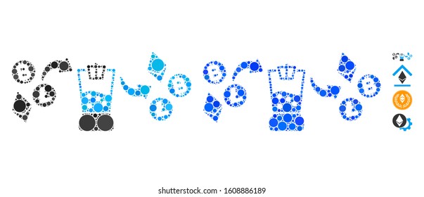 Cryptocurrency mixer mosaic of spheric dots in variable sizes and shades, based on cryptocurrency mixer icon. Vector round dots are united into blue mosaic.