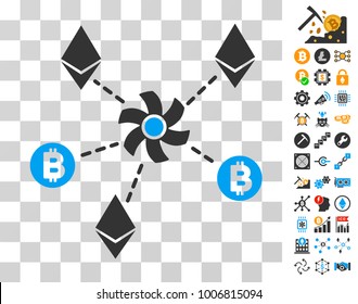 Cryptocurrency Mixer Rotor icon with bonus bitcoin mining and blockchain graphic icons. Vector illustration style is flat iconic symbols. Designed for bitcoin software.
