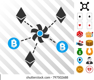 Cryptocurrency Mixer Rotor pictograph with bonus gambling icons. Vector illustration style is flat iconic symbols. Designed for gambling software.