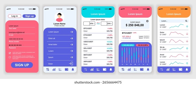 Conjunto de Plantillas de interfaz de App móvil de criptomonedas. Kit de Diseño web con pantalla de teléfono, Cuenta, saldo de dinero, datos comerciales, gráfico de estadísticas. Paquete de pantallas de interfaz de usuario, UX, GUI para la aplicación. Diseño de Vector.