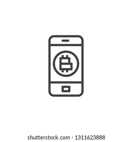 Cryptocurrency mobile payment line icon. linear style sign for mobile concept and web design. Bitcoin digital money and smartphone outline vector icon. Symbol, logo illustration. Pixel perfect vector