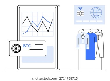 Criptomonedas, pagos móviles, comercio electrónico, transacciones en línea, blockchain, tecnología financiera. Smartphone mostrando gráfico criptográfico y pago BTC, ropa en rack. Concepto de criptomoneda y comercio electrónico