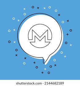 Kryptowährung Monero Symbol in weißer Sprachblase mit dekorativen Elementen auf blauem Hintergrund. Moderne grafische Ankündigung mit dünnem Liniensymbol. Vektorgrafik EPS10
