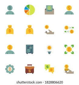 Cryptocurrency money elements collection, business and finance flat icons set, Colorful symbols pack contains - money bag, currency exchange, bank deposit box. Vector illustration. Flat style design
