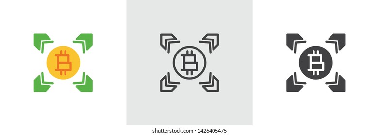 Cryptocurrency money mining icon. Line, glyph and filled outline colorful version, Bitcoin transfer arrows outline and filled vector sign. Symbol, logo illustration. Different style icons set. 