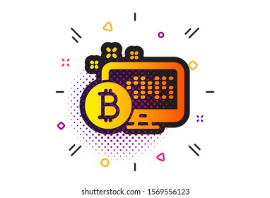 Cryptocurrency monitor sign. Halftone circles pattern. Bitcoin icon. Crypto money symbol. Classic flat bitcoin system icon. Vector