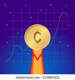 cryptocurrency to the moon with rising green graph and sky background