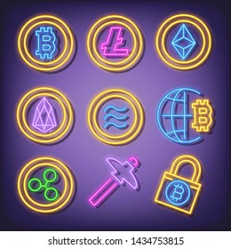 cryptocurrency neon icons, vector neon glow on dark background