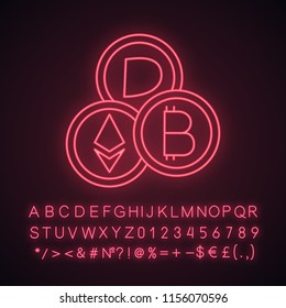 Cryptocurrency neon light icon. Digital money. E-payment. Crypto currency. Bitcoin, Ethereum, Dash. E-money. Glowing sign with alphabet, numbers and symbols. Vector isolated illustration