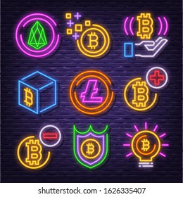 cryptocurrency neon signboard icons vector design