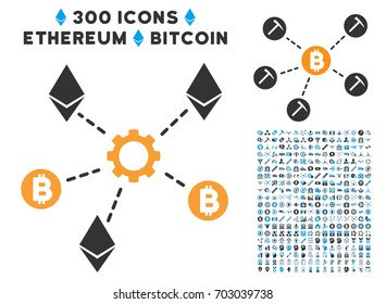 Cryptocurrency Network Nodes icon with 300 blockchain, bitcoin, ethereum, smart contract pictograms. Vector pictograph collection style is flat iconic symbols.