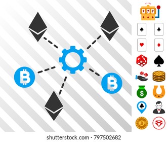 Cryptocurrency Network Nodes icon with bonus gamble pictures. Vector illustration style is flat iconic symbols. Designed for gambling ui.