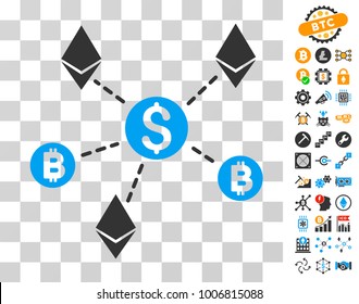 Cryptocurrency Network pictograph with bonus bitcoin mining and blockchain design elements. Vector illustration style is flat iconic symbols. Designed for crypto-currency apps.