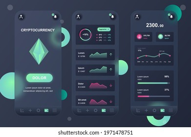 Cryptocurrency neumorphic elements kit for mobile app  Online banking  trading tools  data graph  growth decline  UI  UX  GUI screens set  Vector illustration templates in glassmorphic design