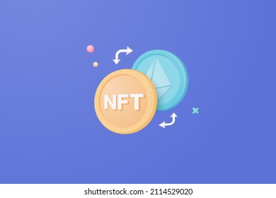 Cryptocurrency NFT 3d money transfer concept by blockchain icon, Futuristic background. 3d Bundles cash and floating NFT coins exchange on blue background. cashless society concept in 3d vector NFT