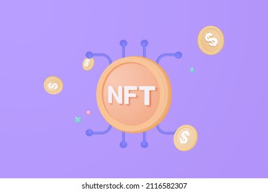 Cryptocurrency NFT 3d concepto de transferencia de dinero por tecnología blockchain, fondo futurista. Los paquetes de efectivo y monedas flotantes intercambian sobre fondo azul. concepto de sociedad sin efectivo en la representación vectorial 3d