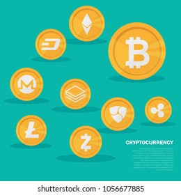 Cryptocurrency on blue background, digital currency, futuristic digital money, technology worldwide network concept. Vector illustration.