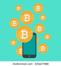 Cryptocurrency on blue background, digital currency, futuristic digital money, technology worldwide network concept. Vector illustration. Bitcoin and smartphone