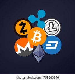Cryptocurrency on blue-dark background, digital currency, futuristic digital money, technology worldwide network concept. Vector illustration.