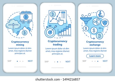 Cryptocurrency onboarding mobile app page screen with linear concepts. Crypto currency mining, trading and exchange walkthrough blue graphic instructions. UX, UI, GUI template with illustrations