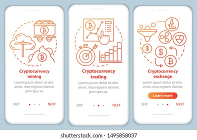 Cryptocurrency onboarding mobile app page screen with linear concepts. Crypto currency mining, trading and exchange walkthrough red graphic instructions. UX, UI, GUI vector template with illustrations