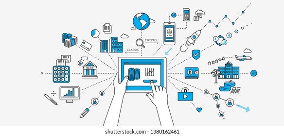 Cryptocurrency / online money investment infographics. Internet of things concept. Modern illustration in linear style.