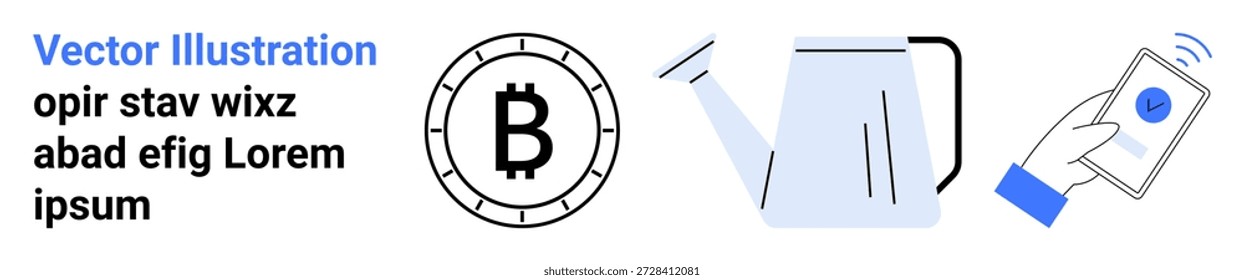 Criptomonedas, pagos en línea, blockchain, transacciones digitales, crecimiento financiero, verificación segura. Símbolo de Bitcoin, regadera y un teléfono móvil con una marca de verificación. Criptomonedas y en línea