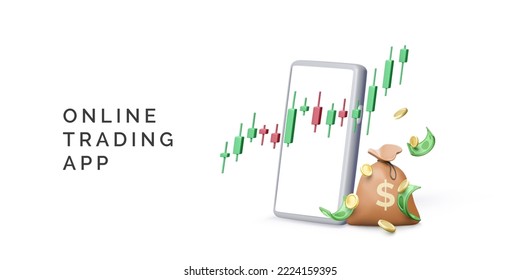 Cryptocurrency online trading app. 3D Smartphone with candlestick chart and money bag. Investment on stock exchange market and getting profit