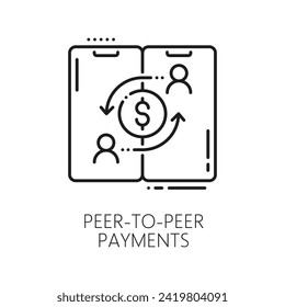 Cryptocurrency online transaction, blockchain technology and peer to peer payment fintech line icon. Network cryptocurrency, digital commerce and finance, mobile payment technology line vector sign