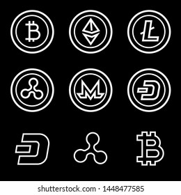 Cryptocurrency outline icons set. Outline set of crypto currency logo coins: Bitcoin, Monero, Dash, Litecoin, Ripple, Ethereum vector icons for web design isolated on black background.