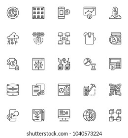 Cryptocurrency outline icons set. linear style symbols collection, line signs pack. vector graphics. Set includes icons as bitcoin , mining asic farm , exchange rates chart, cryptocurrency blockchain
