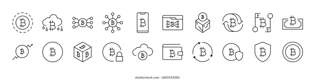Cryptocurrency Outline Image Collection. Editable Stroke. Perfect for Infographics, Articles, Books, Flyers, Banners