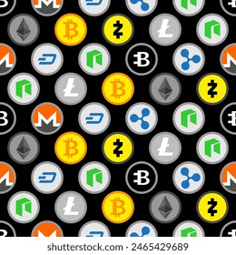 Cryptocurrency Pattern seamless. Bitcoin and Ethereum Background, Monero and Litecoin ornament.