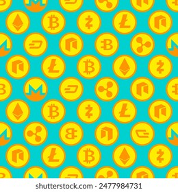 Cryptocurrency Pattern seamless. Bitcoin and Ethereum Background, Monero and Litecoin ornament.
