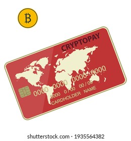 Tarjeta de pago criptodivisa con símbolo de mapa mundial - aislado - vector. Logo de negocios.