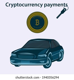 Cryptocurrency payments - bitcoin, car, key - vector. Internet payments concept. Isometric investment.