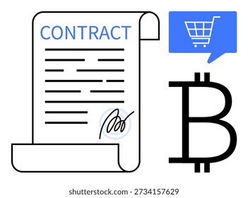 Cryptocurrency payments, e-commerce transactions, blockchain technology, digital agreements, financial security, online shopping. A scroll contract, Bitcoin symbol, and a shopping cart icon