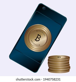 Cryptocurrency payments - smartphone, bitcoin, stack - gradient, vector. Internet payments concept. Isometric investment.