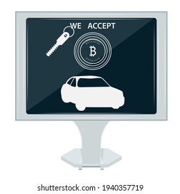 Cryptocurrency payments - terminal, we accept bitcoin - buying and selling a car - vector. Internet payments concept. Isometric investment.