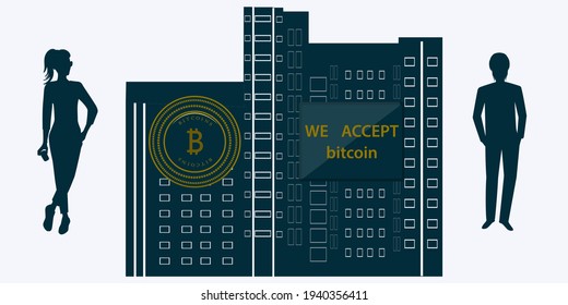 Cryptocurrency payments - we accept bitcoin - high-rise building, silhouettes of people, buying and selling apartments - vector. Internet payments concept. Isometric investment.