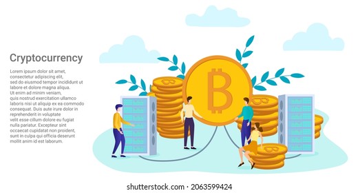 Cryptocurrency, la gente se dedica a la minería de bitcoin.Poster en estilo de negocio.Ilustración vectorial.