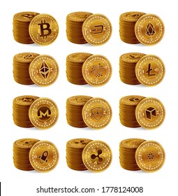 Cryptocurrency physical coins stack set. 3D Golden Crypto currency coins isolated on white background. Bitcoin, Ripple, Ethereum, Litecoin, Monero and other. Vector illustration.