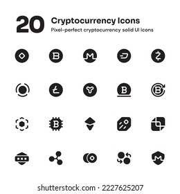 Cryptocurrency pixel-perfect solid icons suitable for website and mobile apps ui design