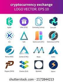 Cryptocurrency and platform icons kyber, zencash, gifto,  centrality, kin, salt, game.com, nexus, cortex, moac,  ardor, paypex, elastos, byteball, storm