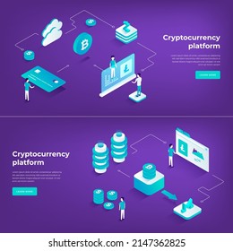 Cryptocurrency platform virtual money production blockchain connection credit card internet browsing web page set isometric vector illustration. Bitcoin mining trade market monitoring landing page