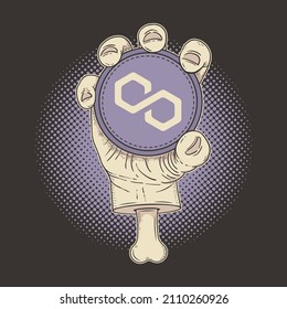 Cryptocurrency Polygon MATIC holder, hand holding coin vector illustration.