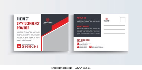 Design-Vorlage für Kryptowährung-Postkarten. Cryptowährung Company Business Postcard Template Design, Einfache und saubere moderne minimale Postkartenvorlage, Business Postcard Layout